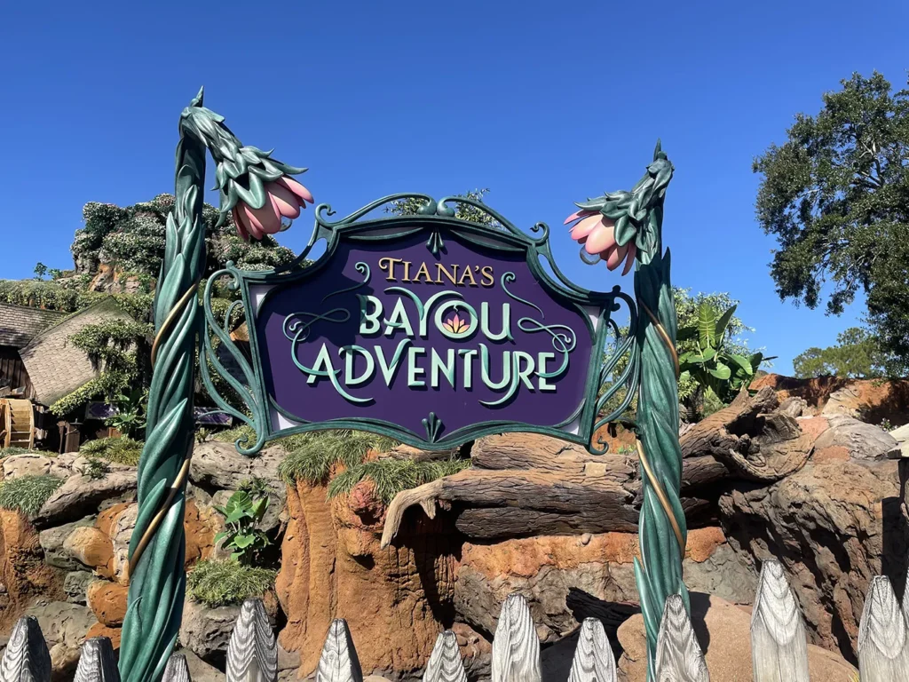 Sign for Tiana's Bayou Adventure, open during Mickey's Not-So-Scary Halloween Party 2026