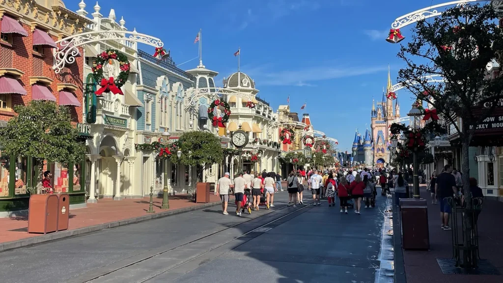 Main Street at Magic Kingdom decorated for Christmas